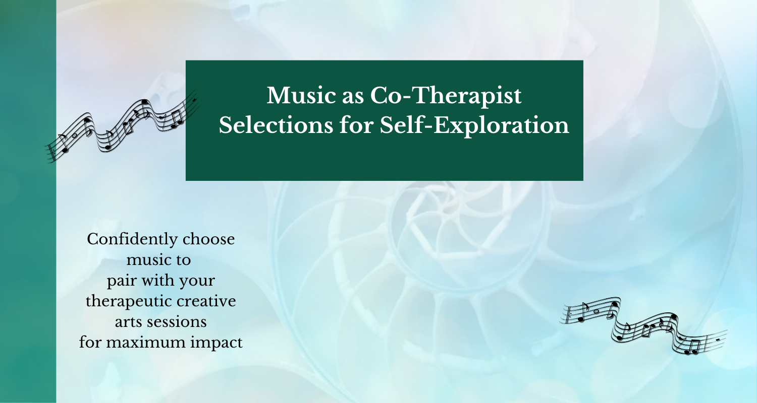 music notes and spiral background symbolizing exploration of the self. Music as Co-Therapist. Classical music selections for self-exploration. Confidently choose music for creative arts sessions