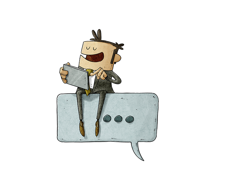 cartoon man tapping on ipad whilst sat on speech bubble