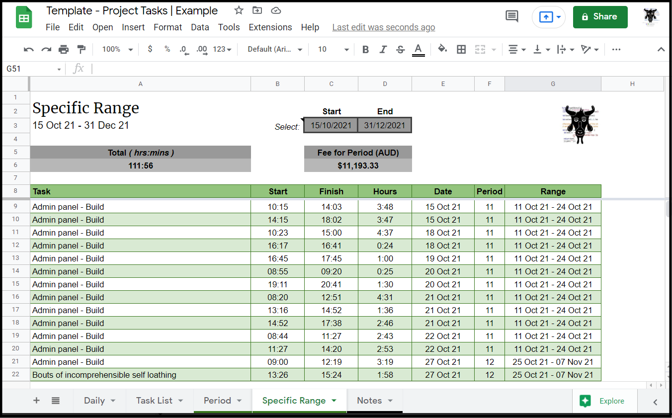 Google Sheets Project Task List - Specific Range Sheet