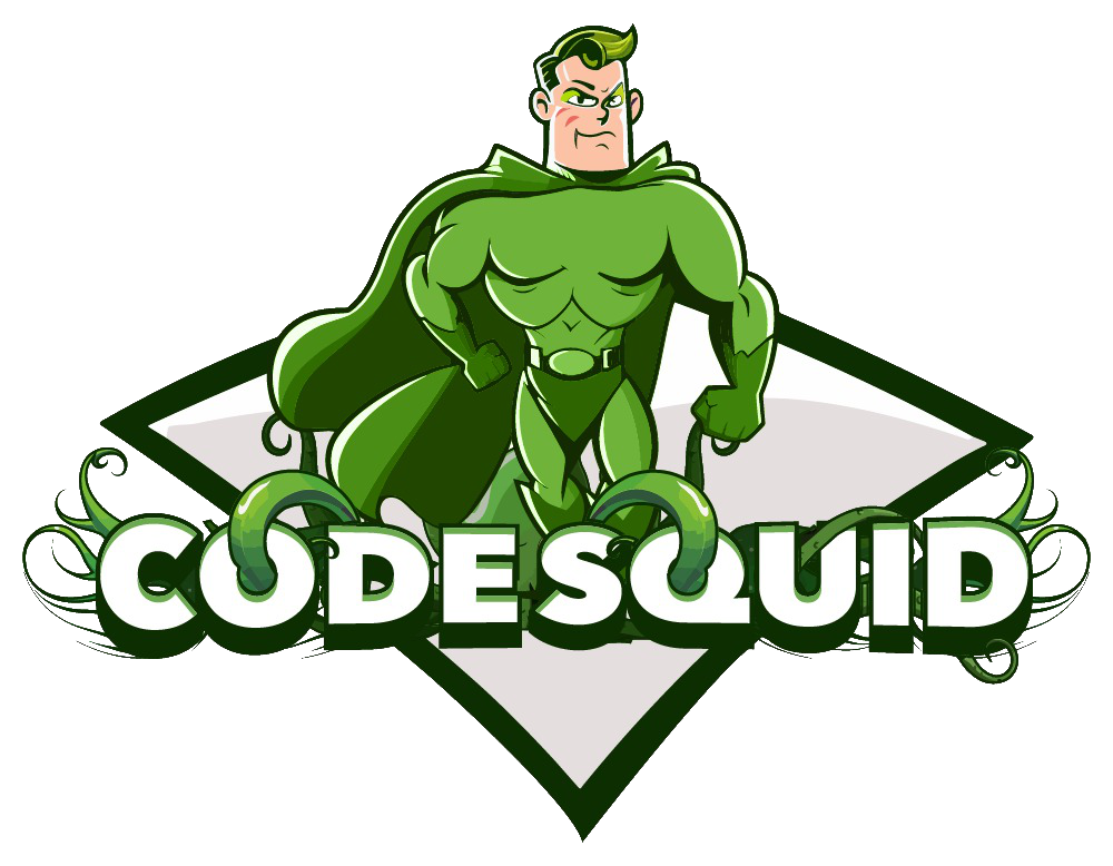 Code Squid logo with Hero in Cape