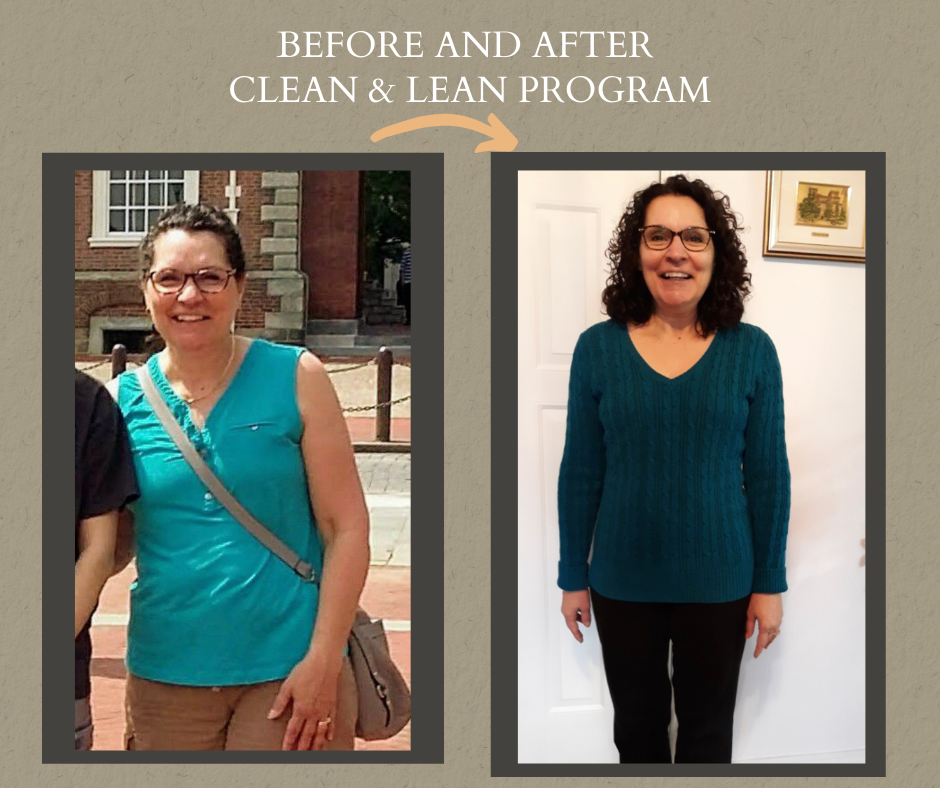 Before & After Transformational photo of a woman who is very healthy and vibrant after the clean & lean program