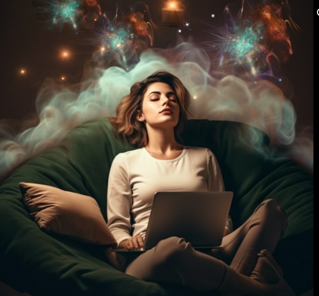 A woman with closed eyes sits serenely on a cozy sofa, embodying calmness and introspection. The backdrop features an abstract cosmic display with swirling clouds and shimmering colors, suggesting a journey into her thoughts and dreams. The overall atmosphere is peaceful and ethereal, inviting contemplation and mindfulness amidst a blend of soft browns and vibrant hues.