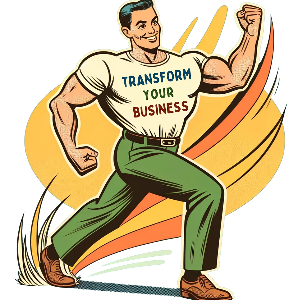 A 1950s style illustration of a man wearing a Transform Your Business teeshirt. 