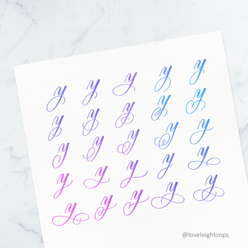 The lowercase calligraphy y written with flourishes 25 ways