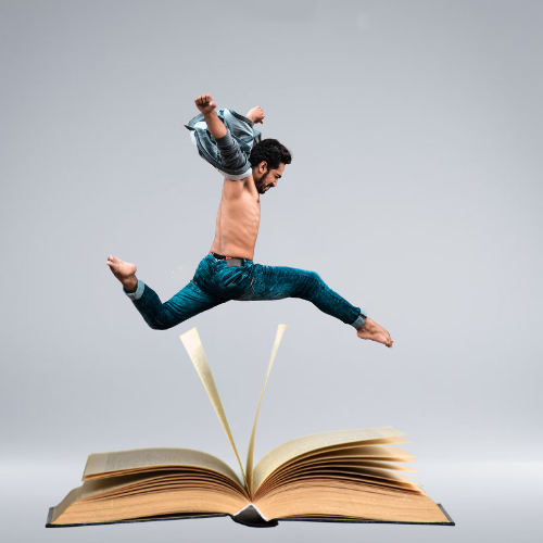 Man leaping over the pages of a  book