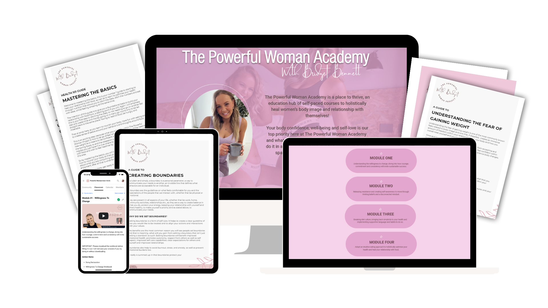A collection of workbook samples, videos and website images of the online course: The Powerful Woman Project