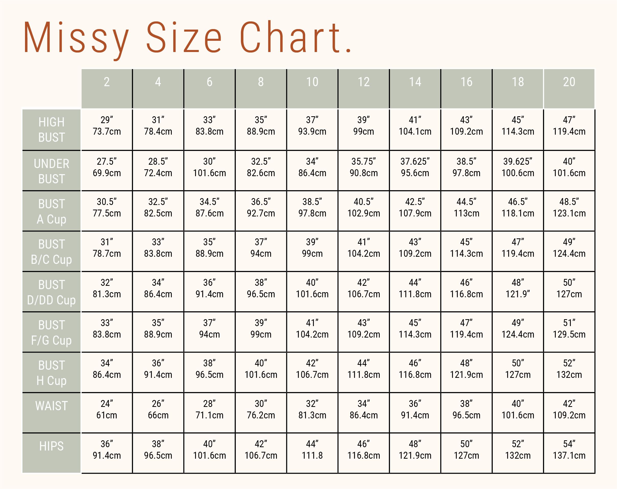 Missy 2-20 Woman&#39;s Size Chart