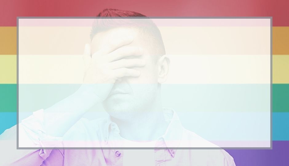 Faded rainbow pride flag with adult with short hair and hand covering eyes in frustration