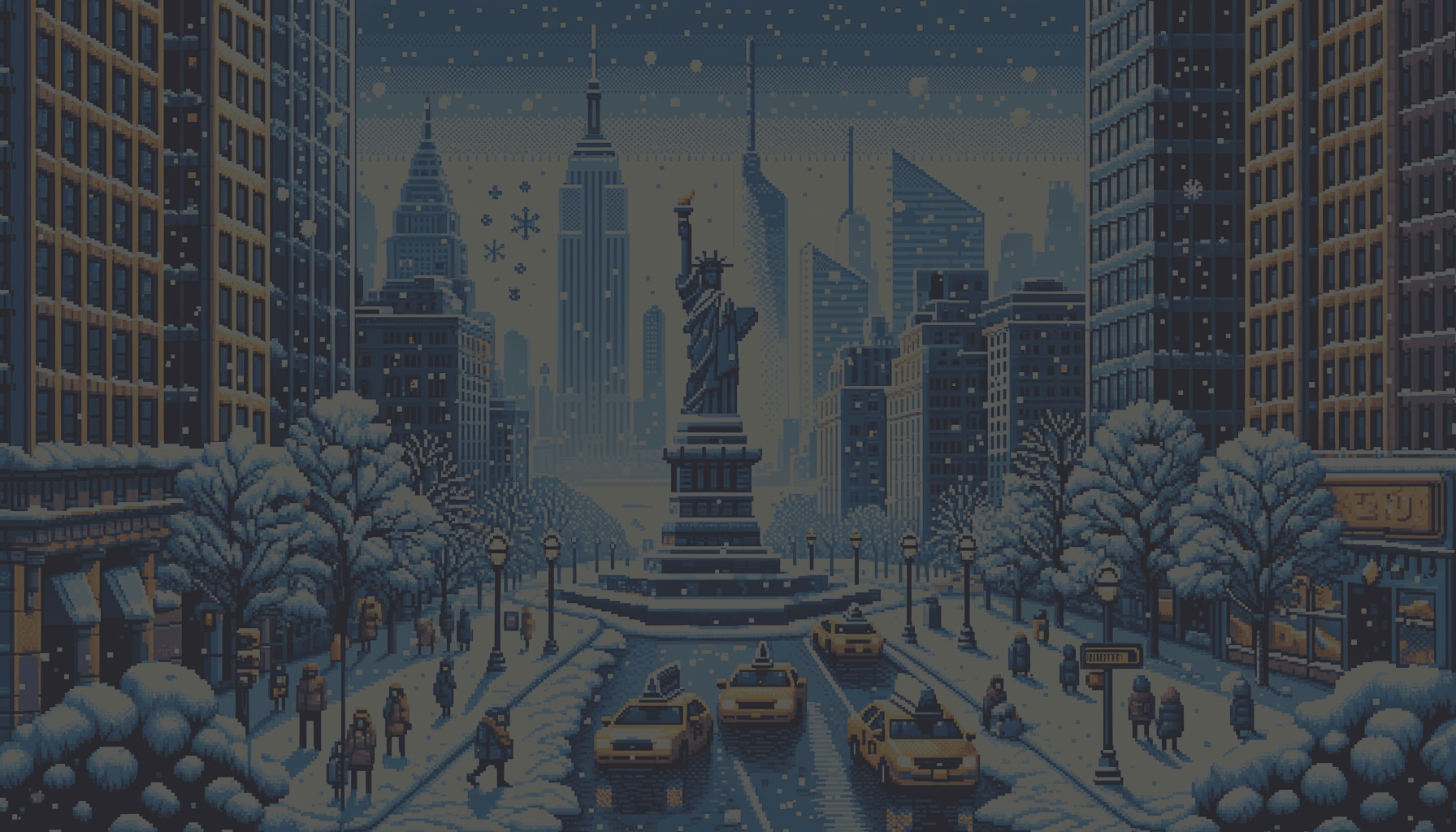 Une ville sous la neige en pixel art