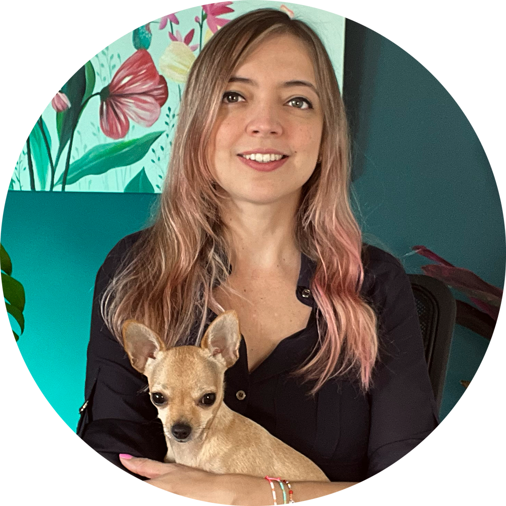 Profile image of Sandra mejia and her dog with a floral background