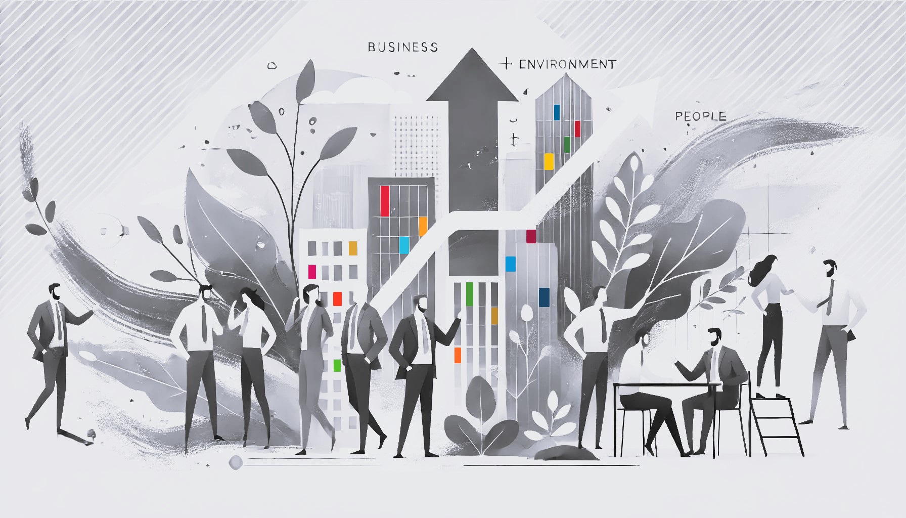 Black and white image of business people outside of buildings, with subtle references to the colours of the 17 SDGs reflected in the windows of the building