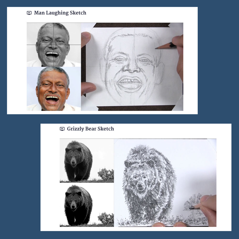 sketches of man laughing and grizzly bear
