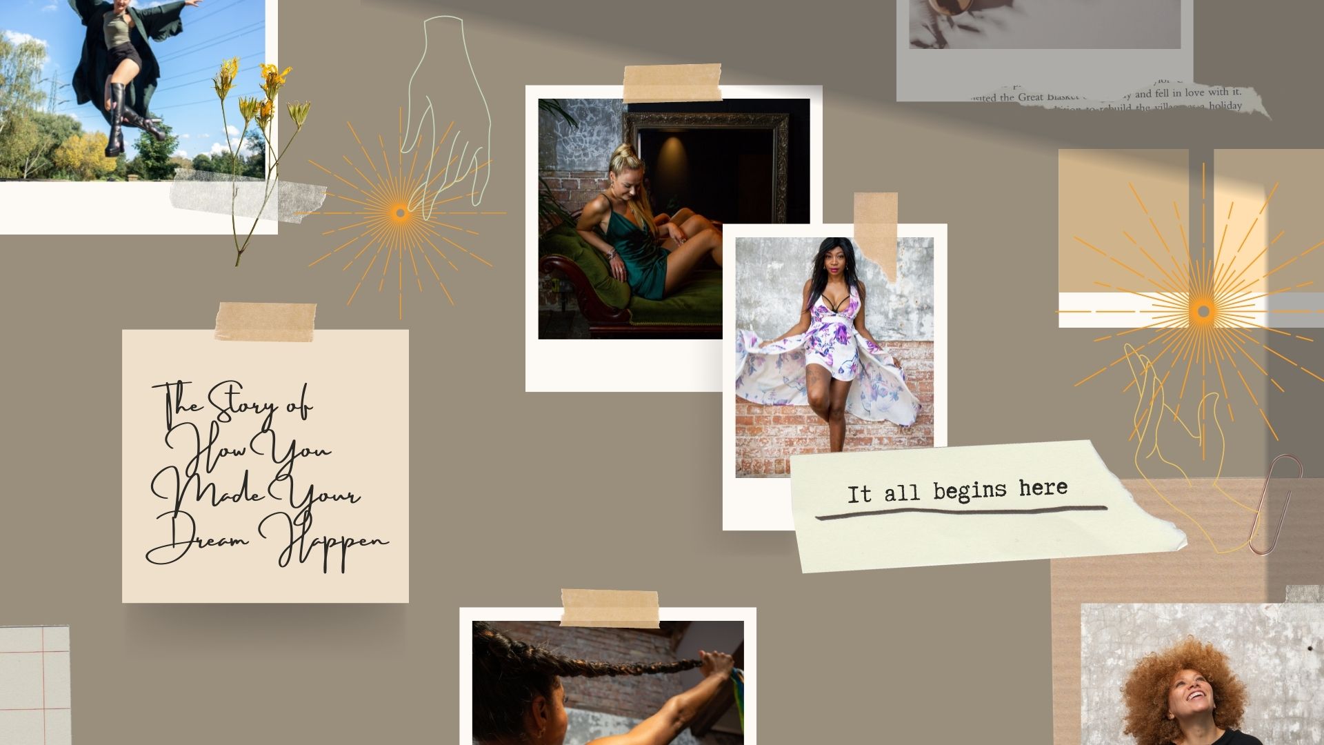 Self Care School Header Image made up of a display board of polaroid photos of lots of different humans and the words "It All Begins here" and "The story off How You Made Your Dream Happen"