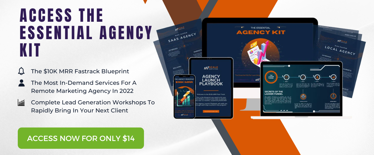 "Access the Essential Agency Kit with the $10k MRR Fast Track Blueprint, the most in-demand service for a remove marketing agency in 2022, and complete lead generation workshops to rapidly bring in your next client."