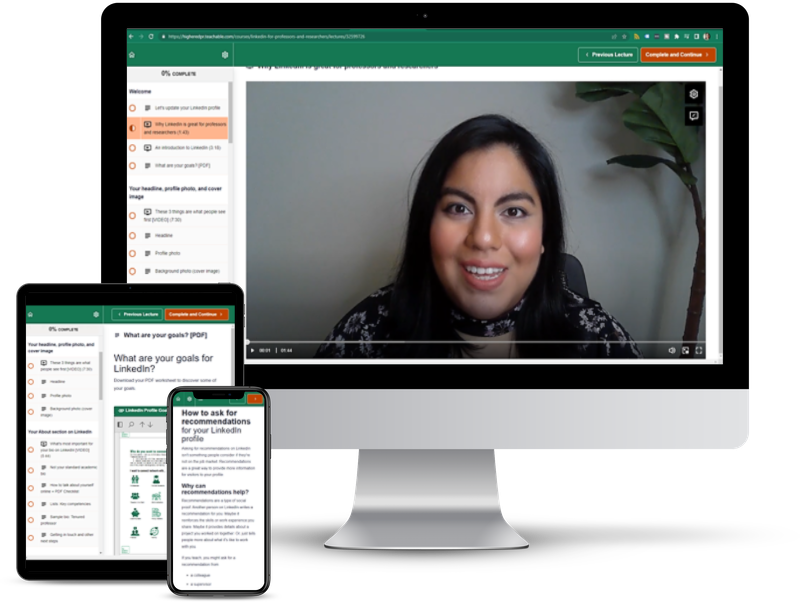 Screenshots of LinkedIn for professors course on desktop, tablet, and mobile screens