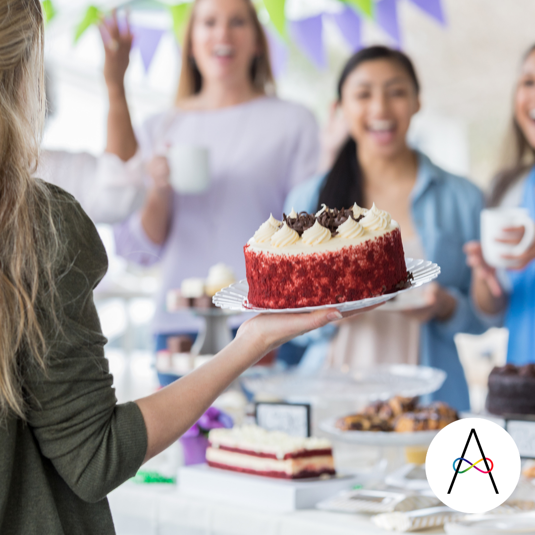 Picture of woman bringing cake to social gathering