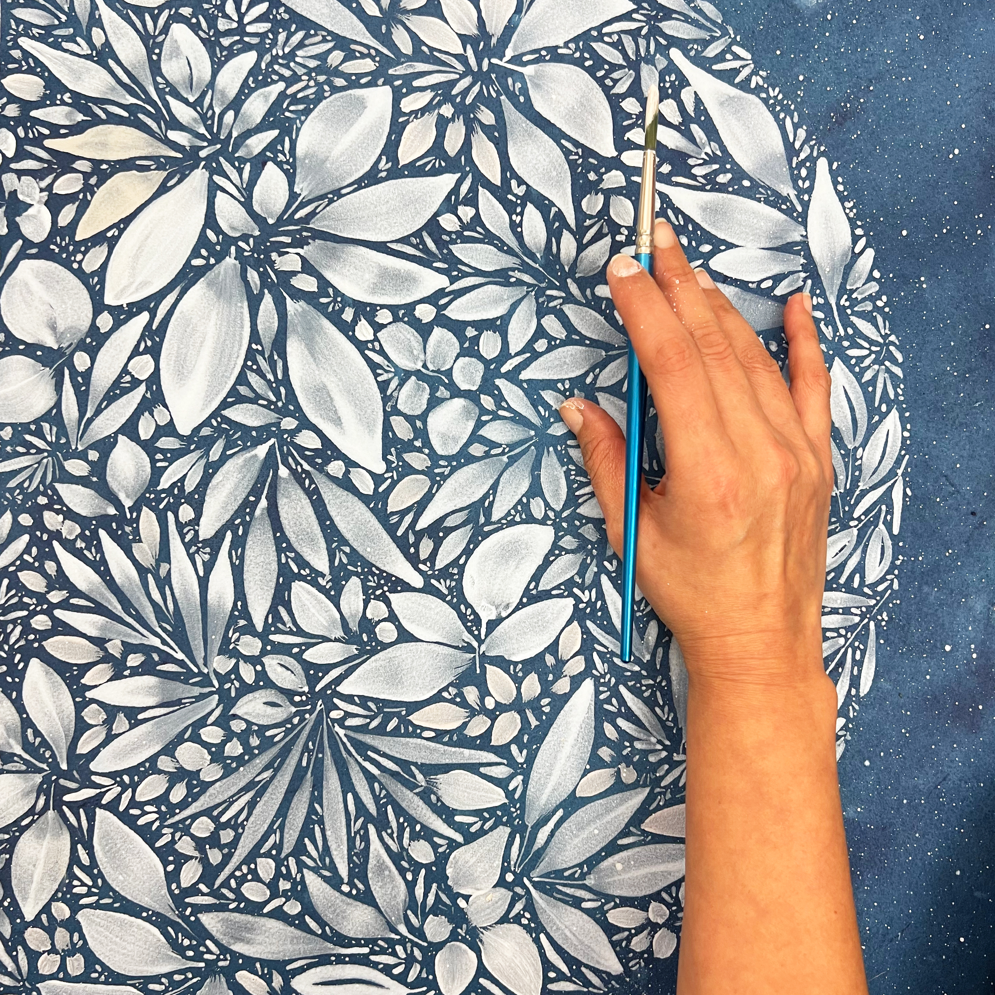 Botanical moon painting online tutorial, watercolor and acrylic.