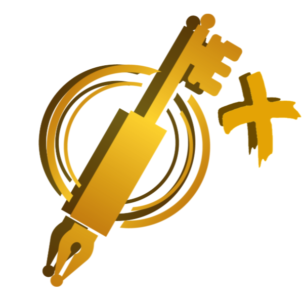 A pen icon with a key on the reverse side. An X is on the right side.