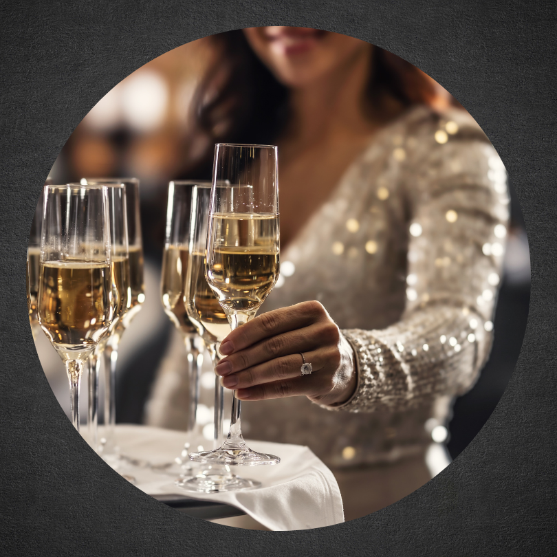 woman in sparkling dress taking a glass of champagne off a serving tray