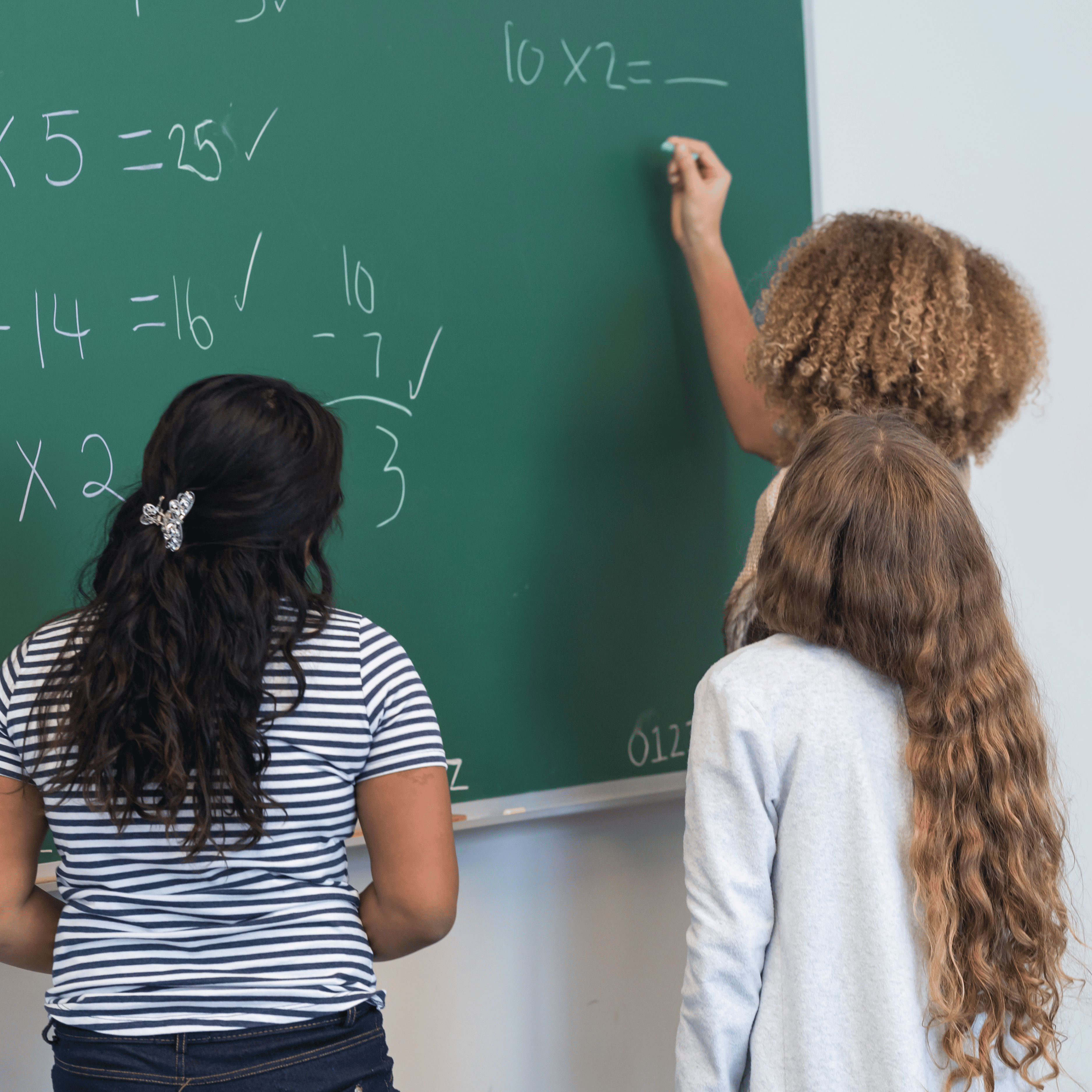 students working together at the chalk board