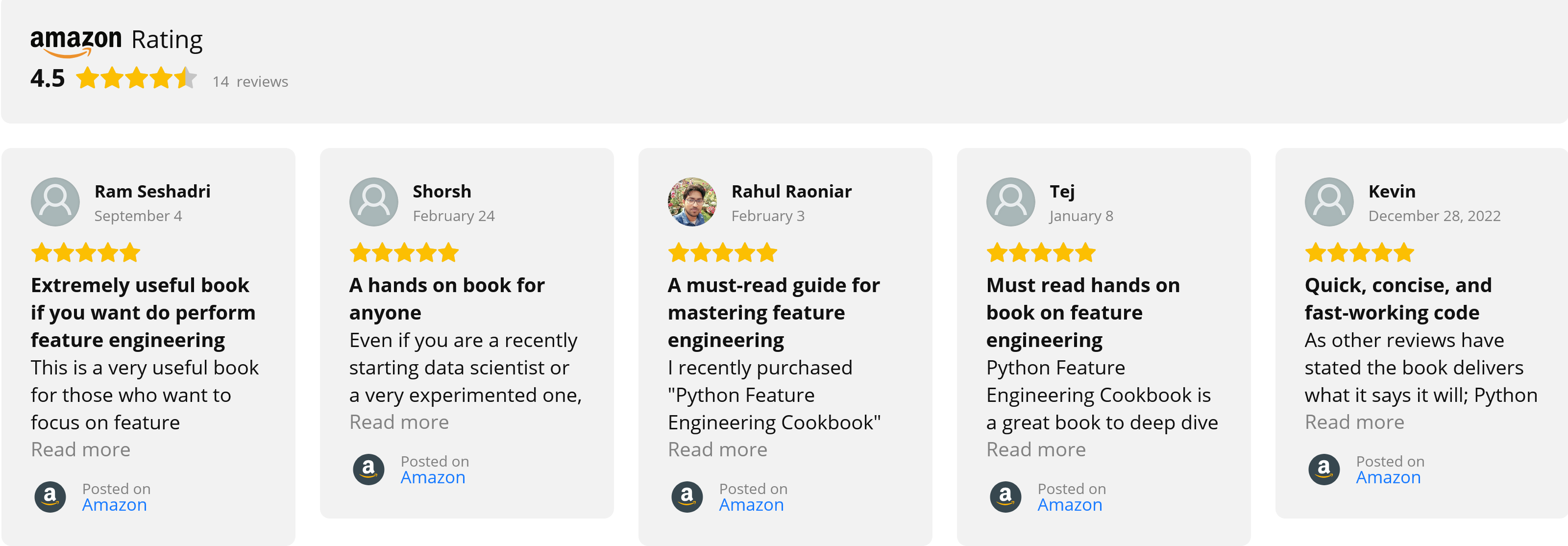 Customer reviews on Amazon for the Python Feature Engineering Cookbook