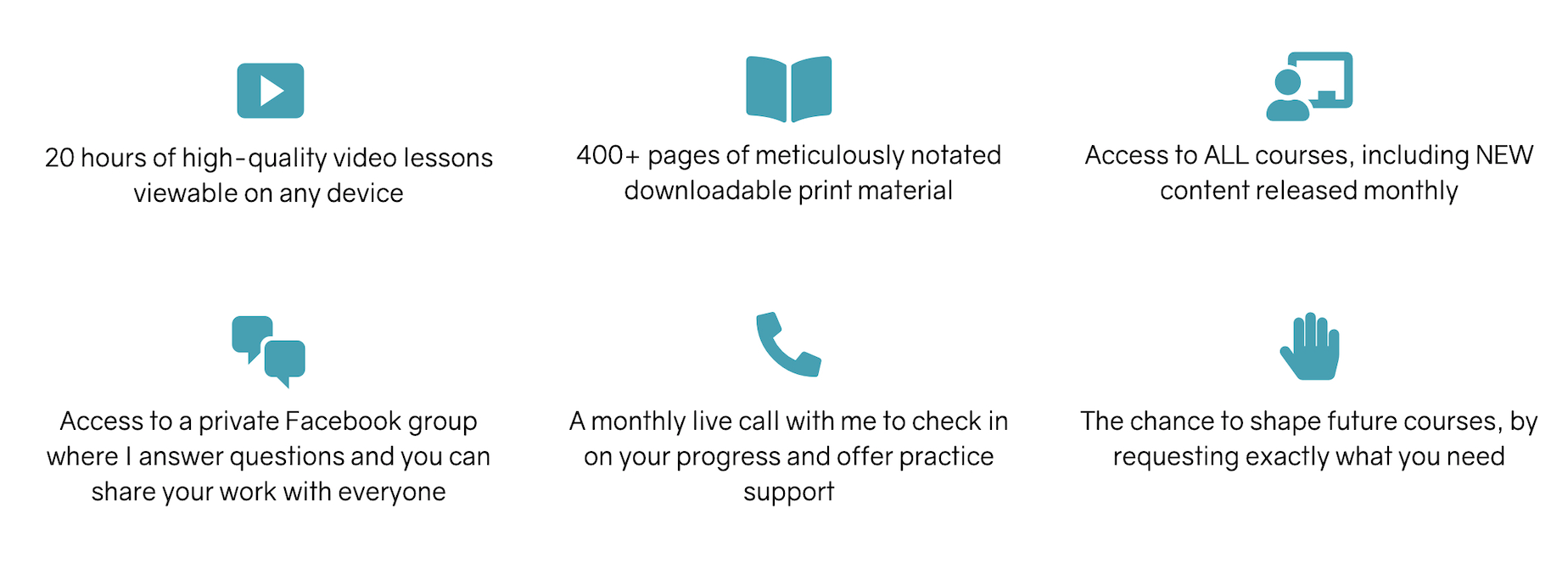 20 hours of video lessons, 400+ pages of print material, access to all courses, access to a private forum, a monthly live call with me to check in on your progress, the chance to shape future courses.