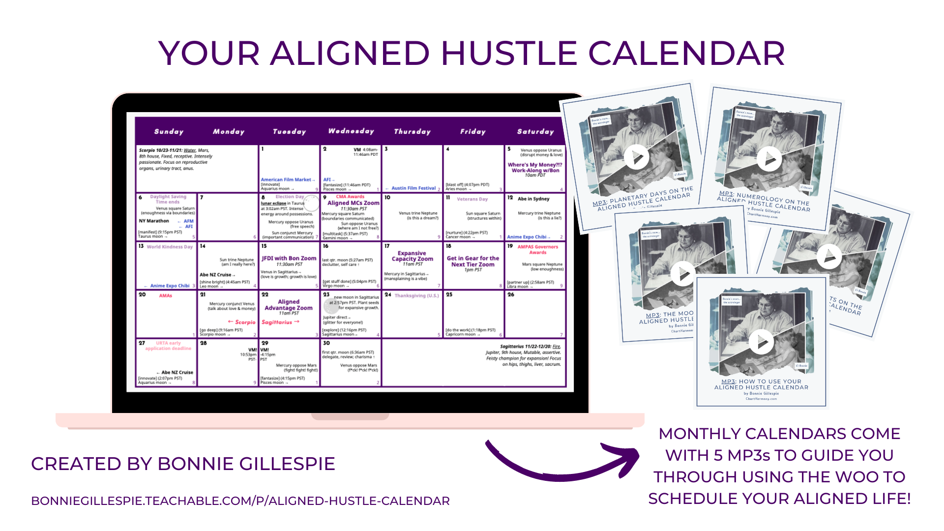 Laptop with Sample Aligned Hustle Calendar from The Astrologer&#39;s Daughters and 5 MP3s