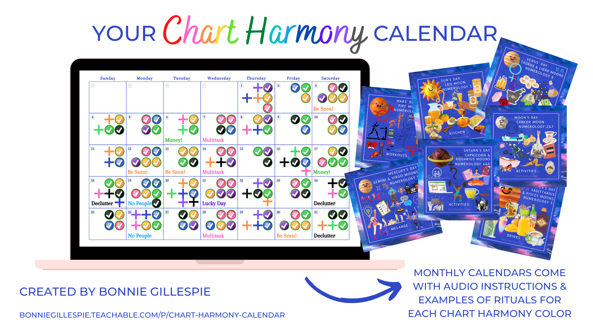 Chart Harmony Calendar on laptop screen, Chart Harmony rituals and remedies on quick-reference cards in foreground