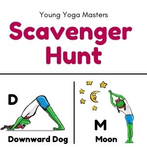 Scavenger Hunt Game with image of a cartoon frog doing downward dog pose and standing side body stretch with a moon and starts near their raised arms.