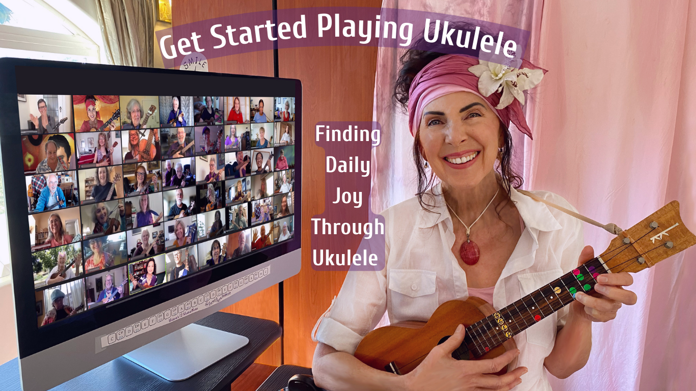 Ukulele instructor Melanie Kareem in front of computer with zoom class