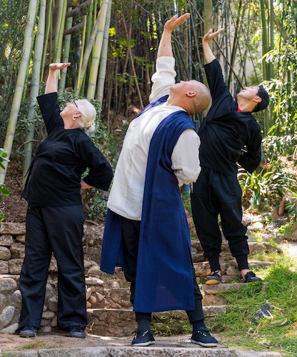 Shaolin Grand Master Shi Yanxu and students demonstrating Qigong movement called Lifting Universe