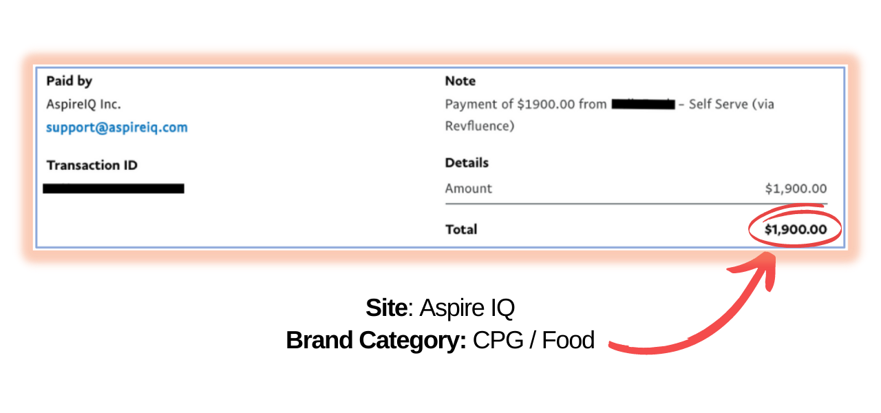 Sample payment of $1900 from AspireI, a site from Dash of Media&#39;s Brand Campaign Directory