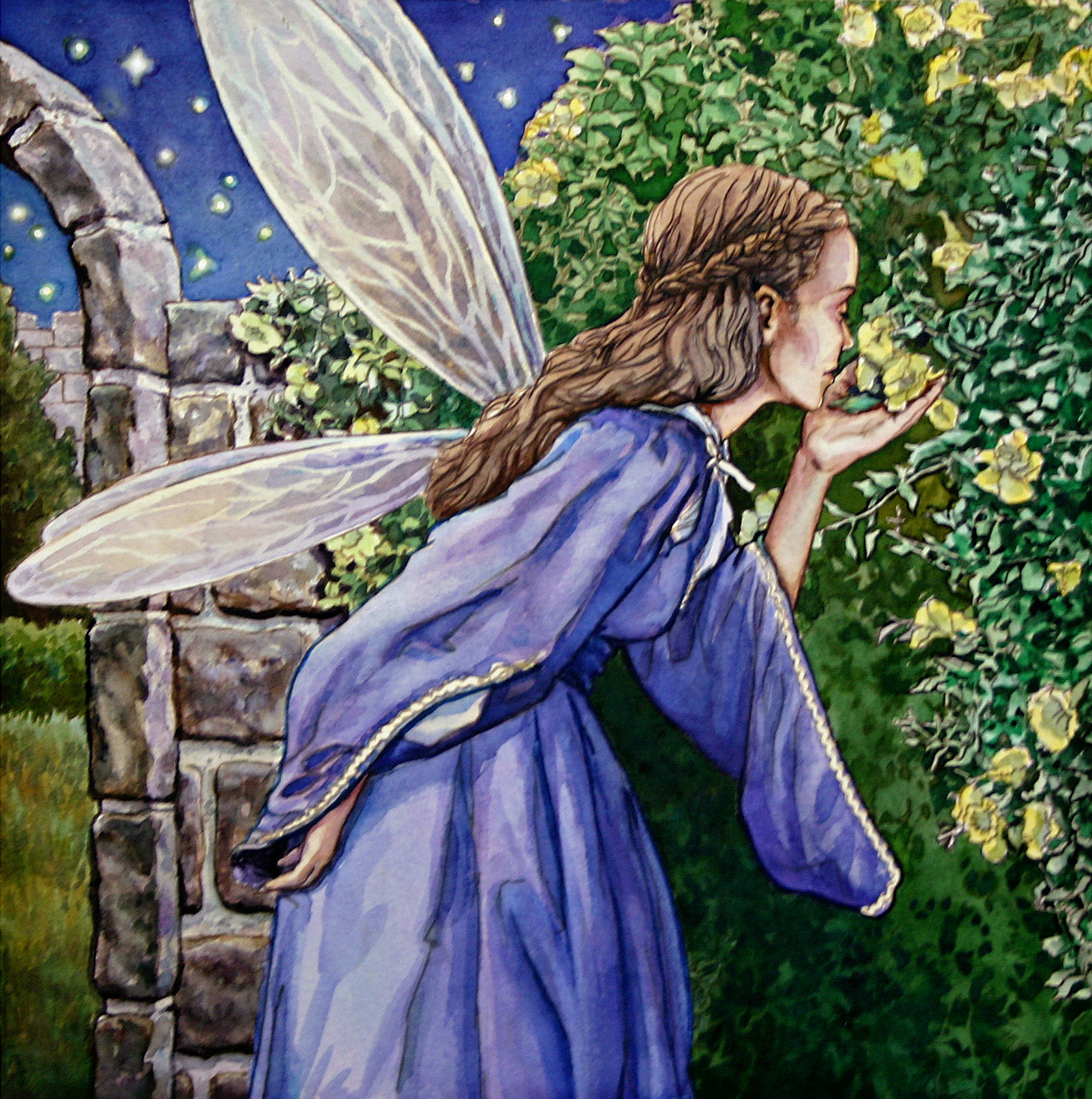 Painting of a fairy in a moonlit garden