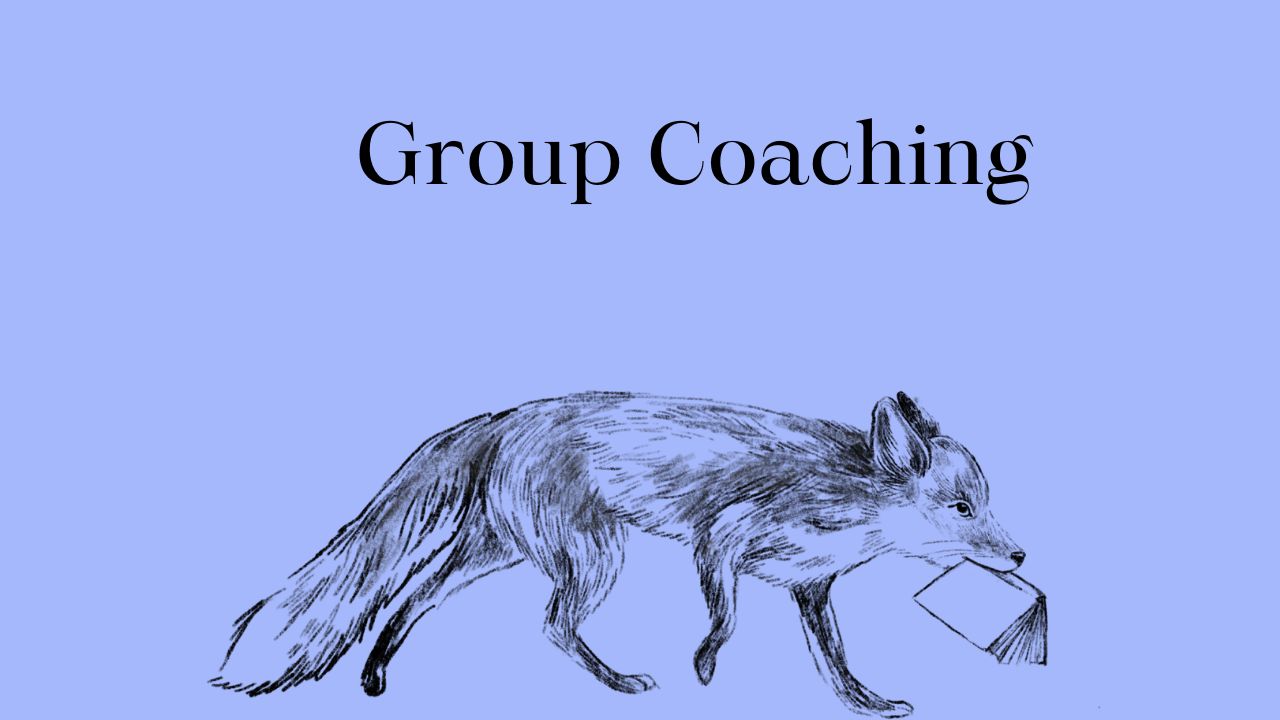 Sketch of a fox with a book in it's mouth and the words: Group Coaching: blue Background