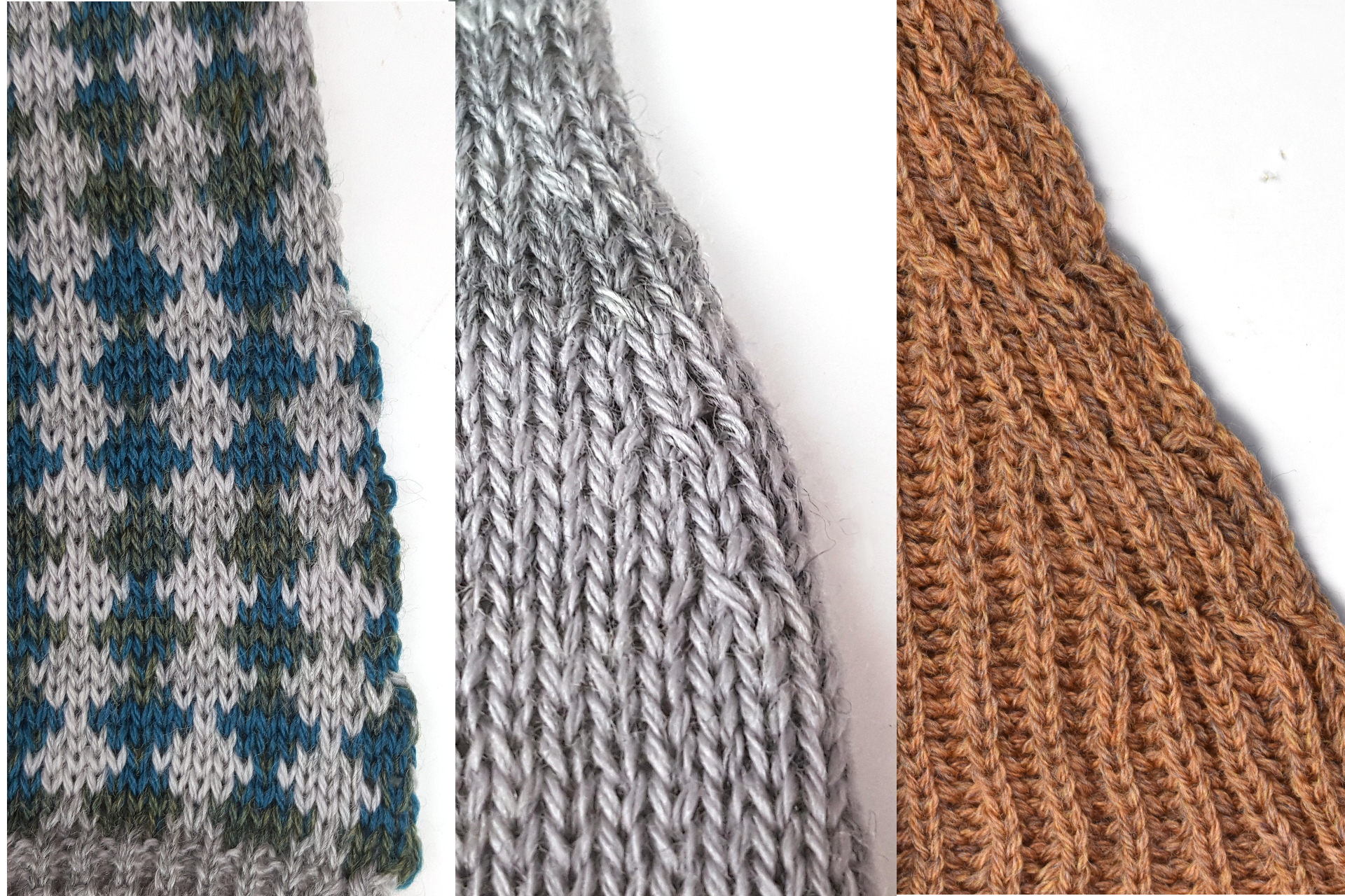 Three examples of knitted decreases