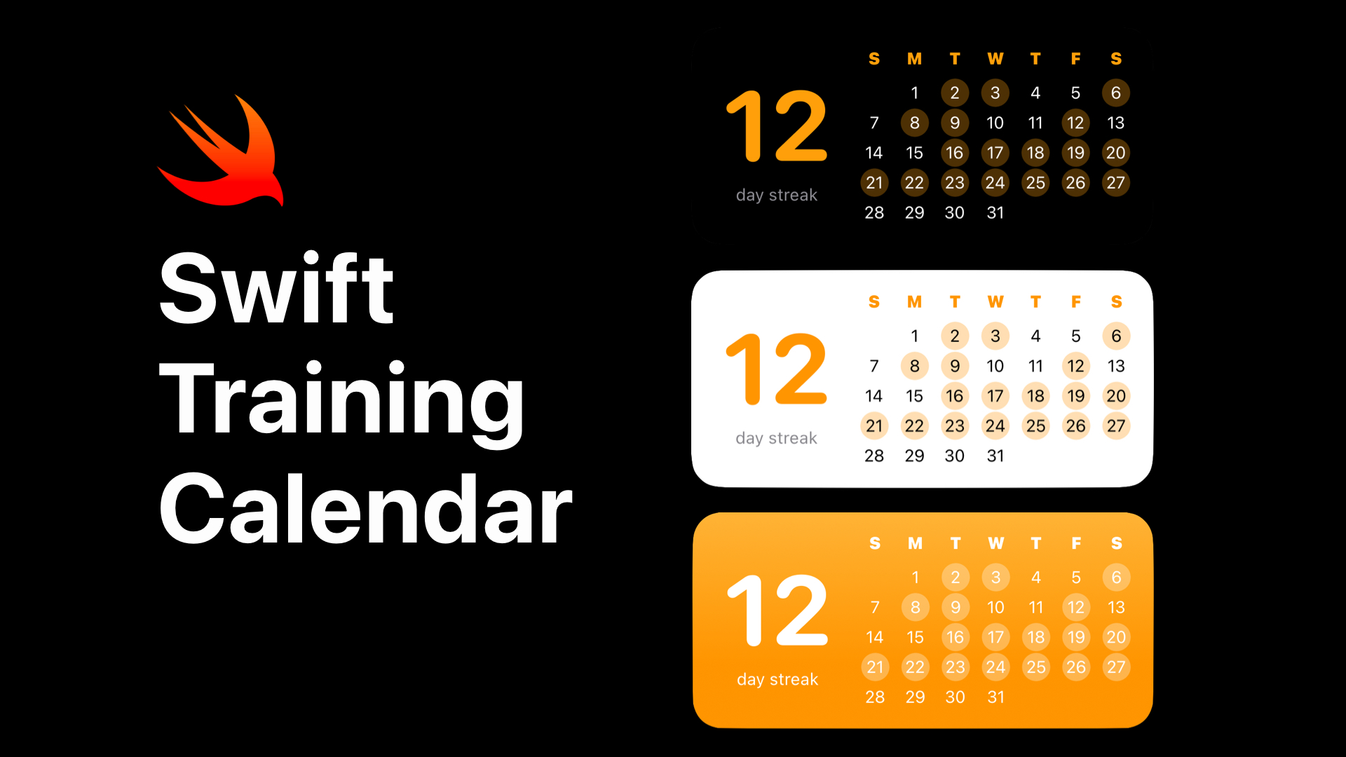 three versions of a calendar widget showing which days the user studied swift.