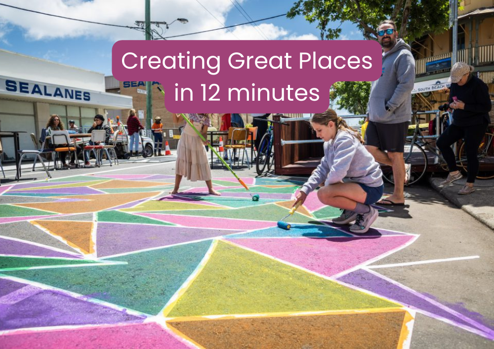 Graphic showing two children painting on a road in South Fremantle, Western Australia and featuring Creating Great Places in 12 Minutes in tex