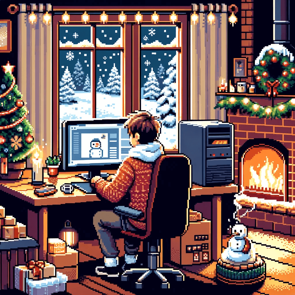 Une étudiant travaillant sur son ordinateur en hiver, pixel art