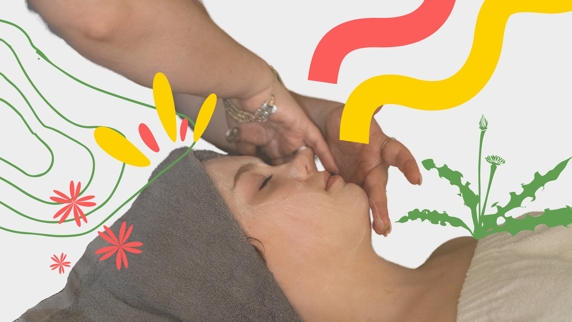 someone with their eyes closed, receiving a facial massage and whimsical graphics of botanicals and splashes of color surround them as they relax