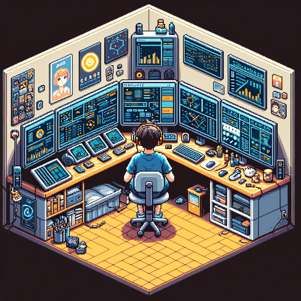 Une chambre transformer en tour de contrôle, pixel art