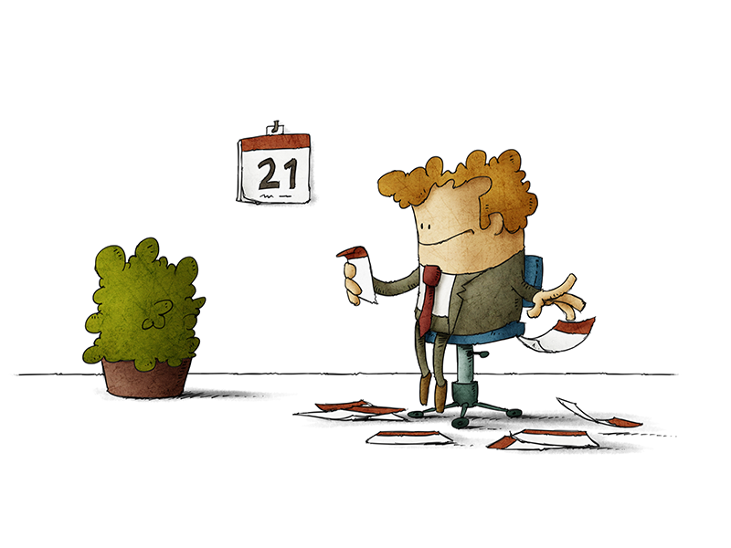 cartoon man tearing pages off a calendar