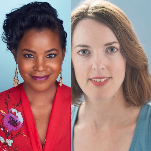 Photo of two women in their mid-30s, one African-American in red silk, one White woman in blue cotton
