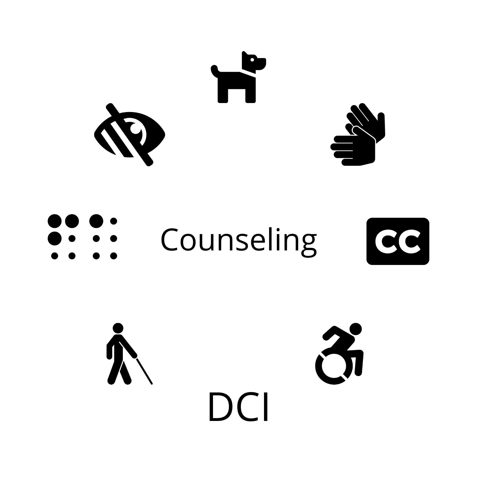 Accessibility symbols circling the word counseling