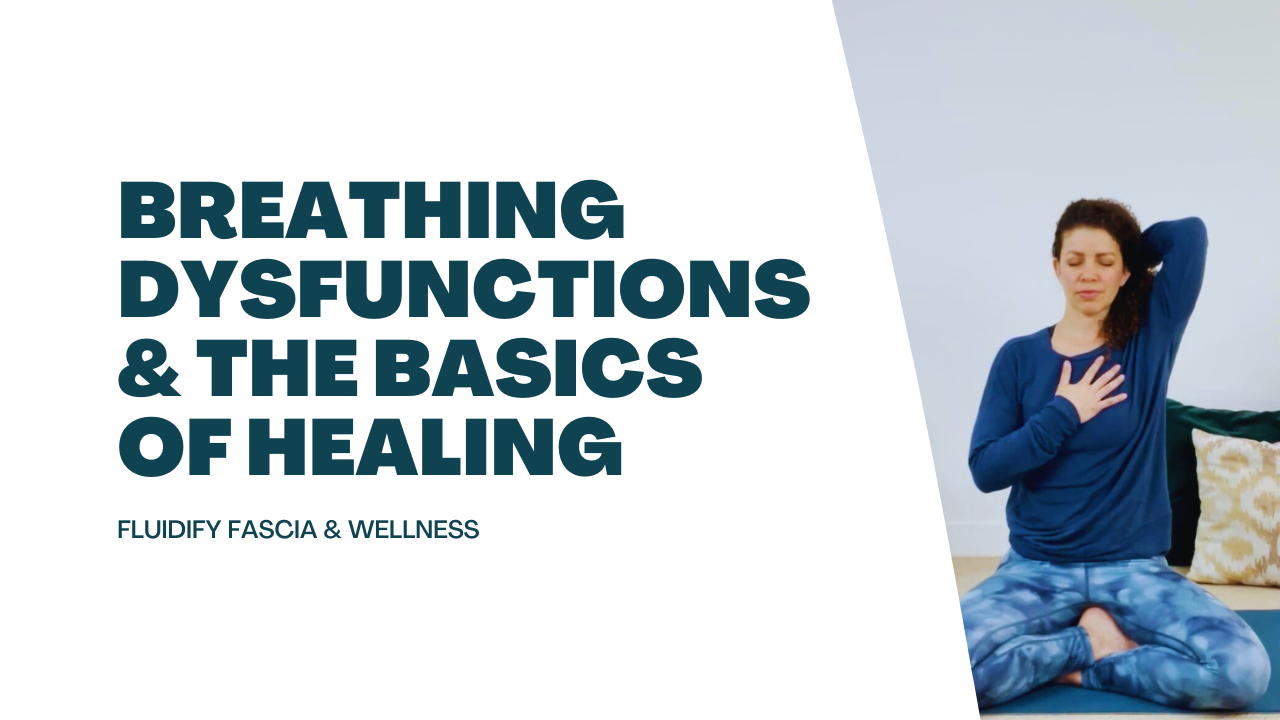 Woman seated with one hand on her heart and one hand behind her head wearing dark blue top and blue tie die leggings.  The title, Breathing Dysfunctions & The Basics Of Healing written to her left in dark blue font.