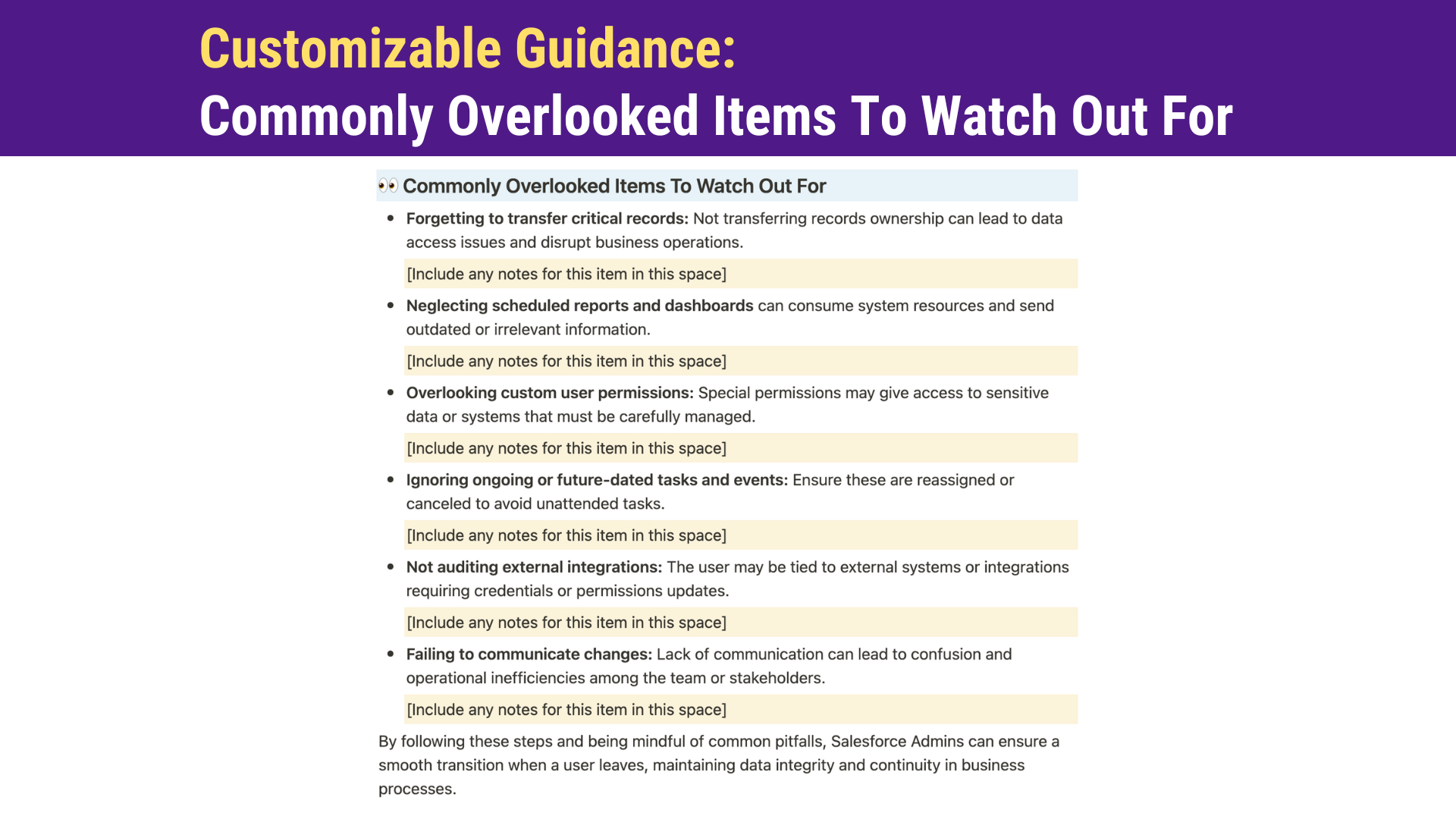 Screenshot showcasing the Common Mistakes to Watch Out For section in Brainiate’s Salesforce Offboarding Wizard Notion template, highlighting key pitfalls and reminders to ensure Salesforce Admins do not overlook any critical steps in the user deactivation process