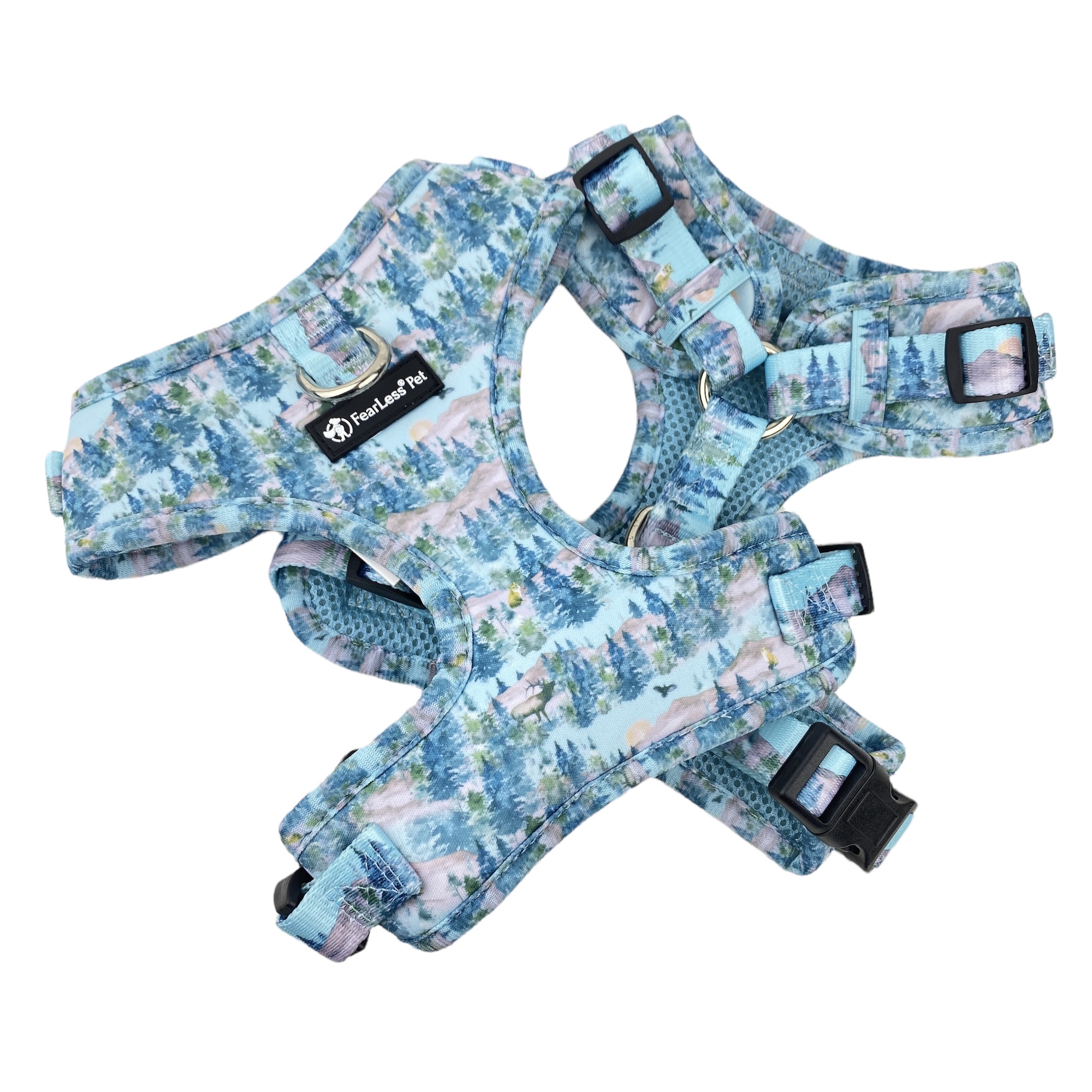 image of a no pull no escape small dog harness in forest print by fearless pet