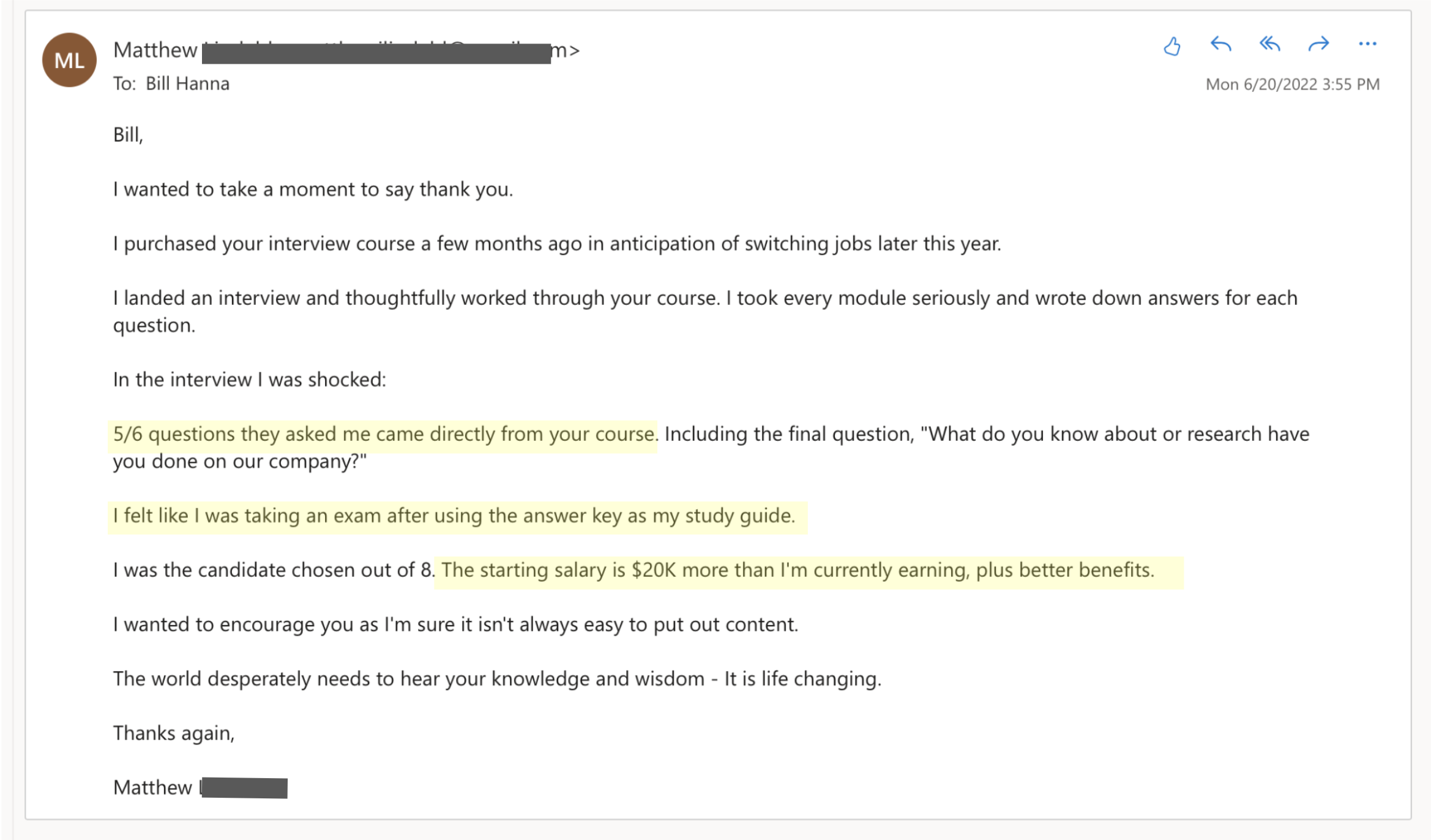Email testimonial from student