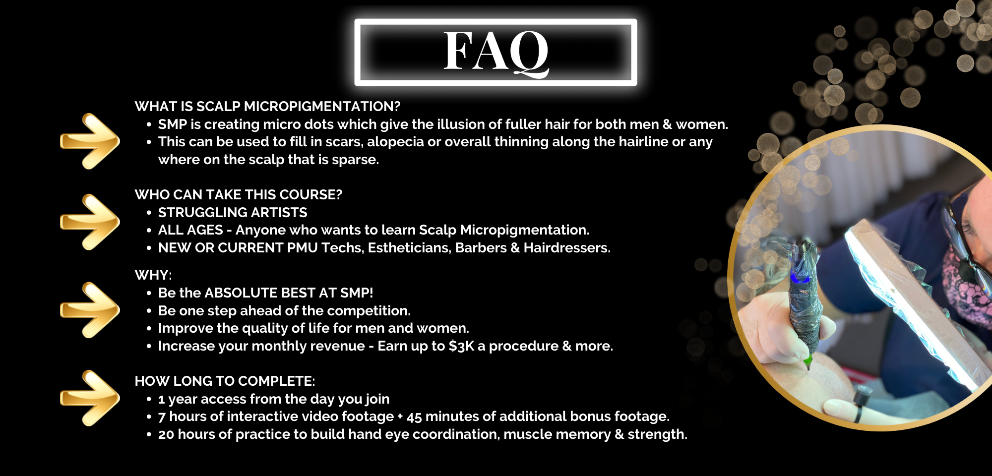 SMP is creating micro dots in the scalp to give the illusion of fuller hair, SMP can fill scalp scars, thinning hair, or missing patches, SMP Essentials™ scalp micro-pigmentation couse is all ages, Barbers, Hairdressers  and permanent make up artist will learn the skills needed to perform safe effective SMP services, Scalp Micro-pigmentation Vancouver, Scalp Micropigmentation Canada, Scalp Micro-pigmentation USA, Scalp Micro-pigmentation UK, Team Micro awards