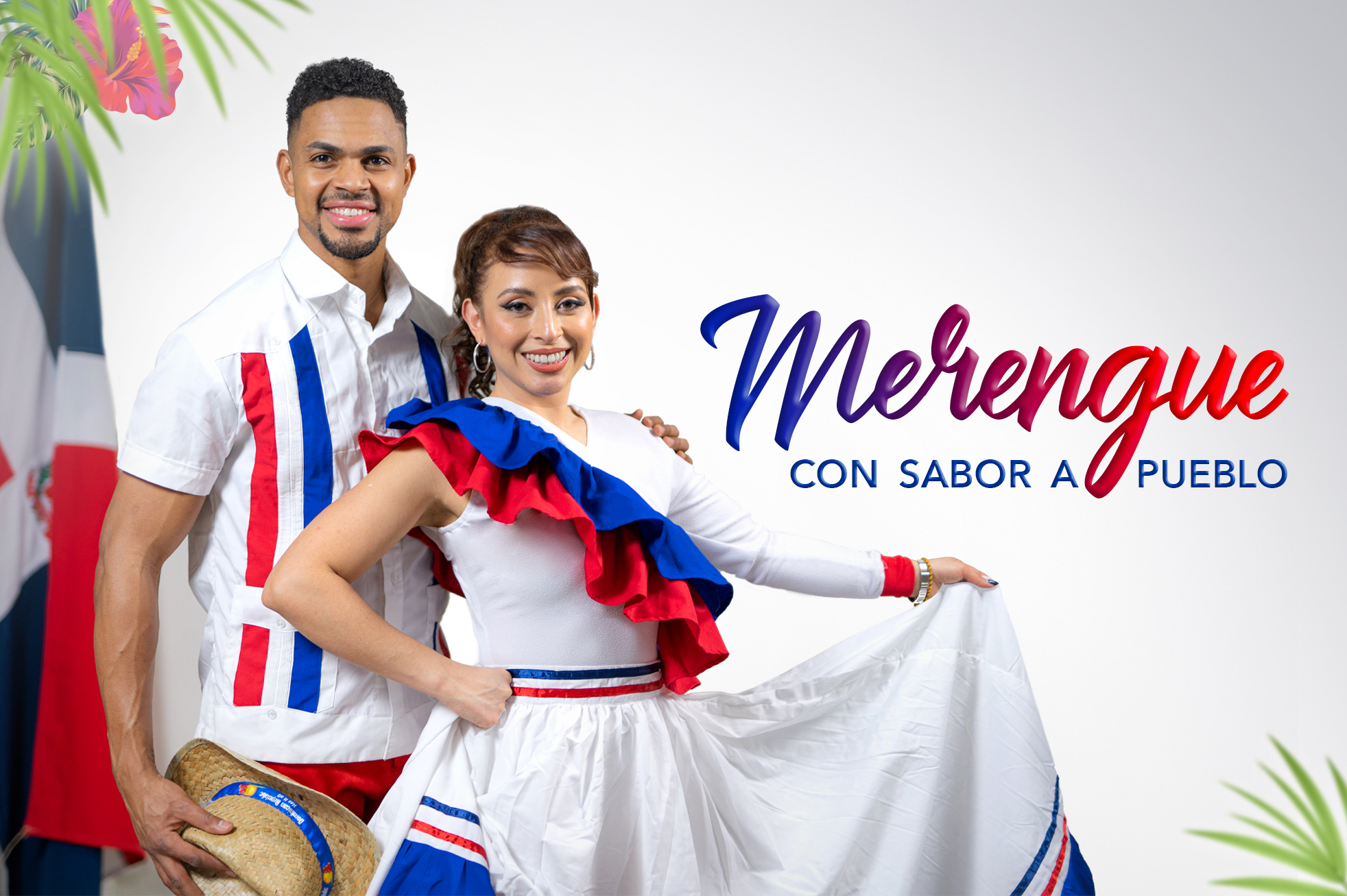 Junior and Carolina dressed in traditional Dominican clothes, in white, red and blue.