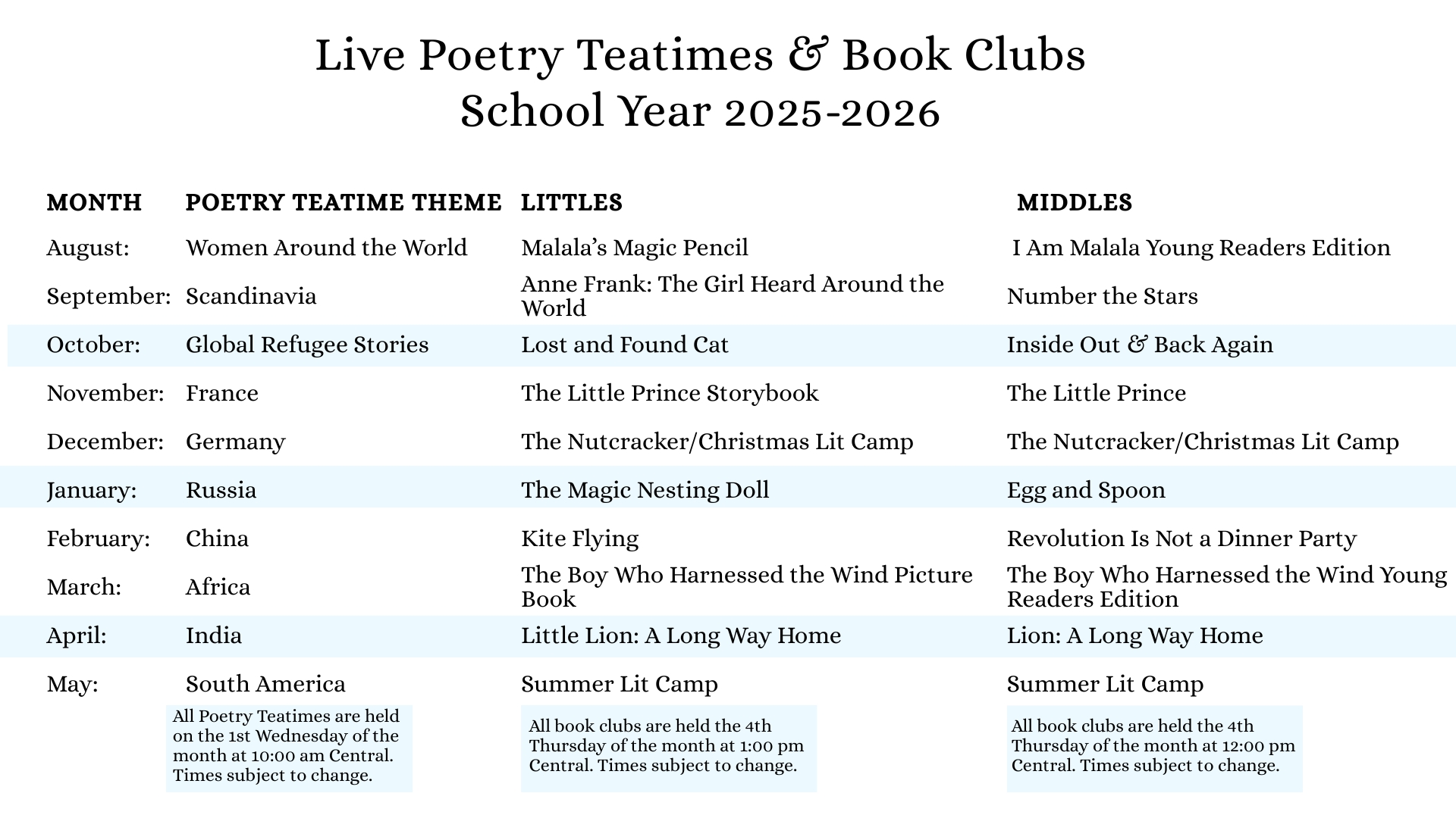 Live Class Times - Click the link for the full list for all ages
